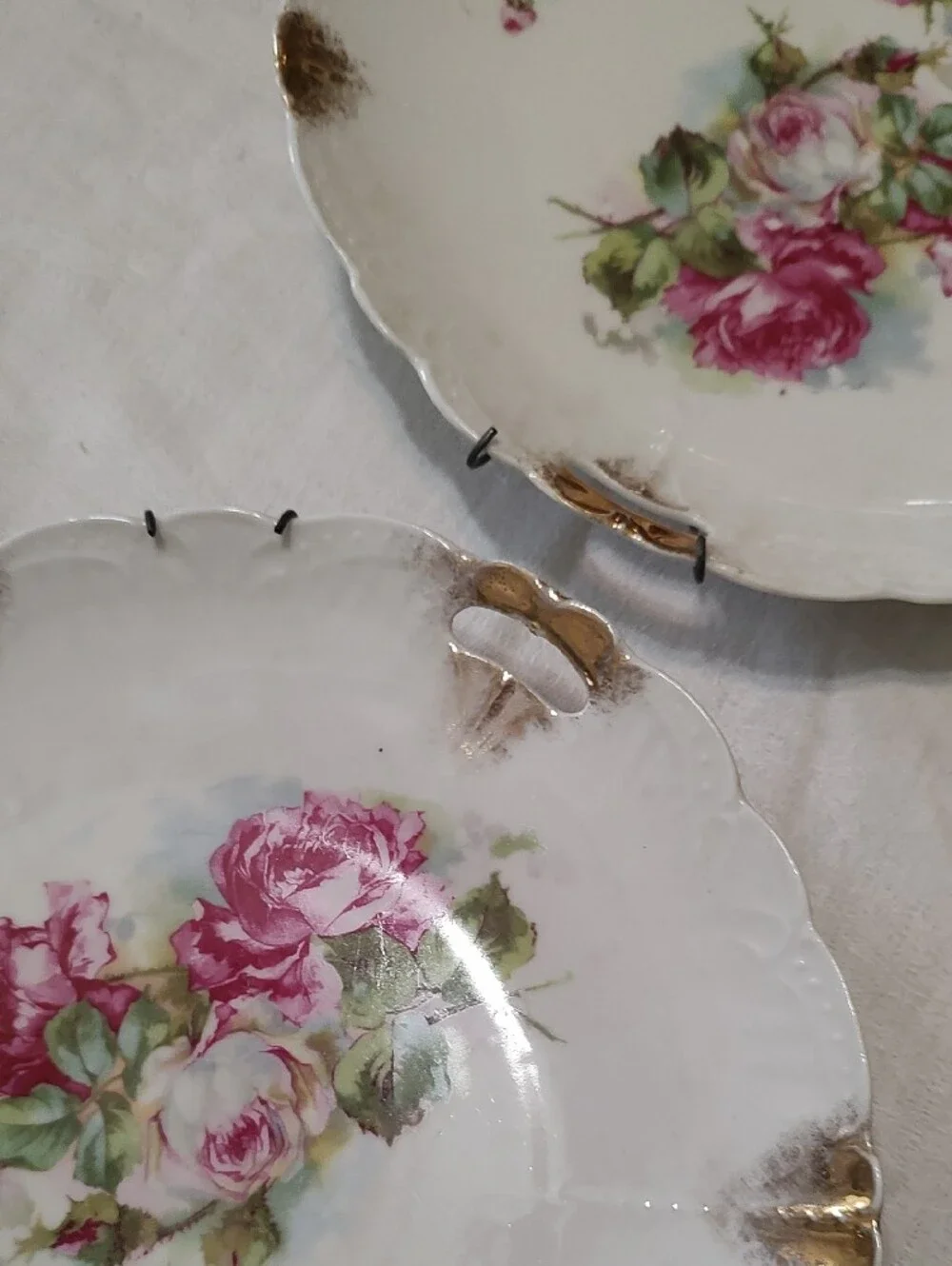 Beautiful White Porcelain Serving Plates with Pink Rose and Gold Trim And hanger